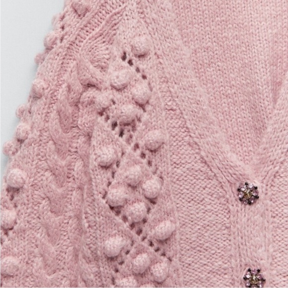 Zara Jewel Button Knit Cardigan Blush Pink Knit Sweater Size Small Loose Fit - Picture 4 of 16